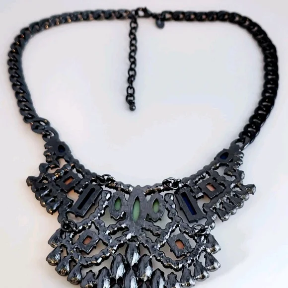 LORI GOLDSTEIN LOGO RUNWAY STATEMENT COLLAR NECKLACE PINK BLUE CRYSTAL GUNMETAL - Picture 14 of 14